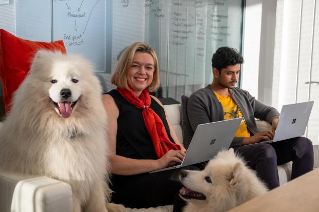Dogs in the office: Carlene and Vignesh enjoy the company of Bear and Shaska